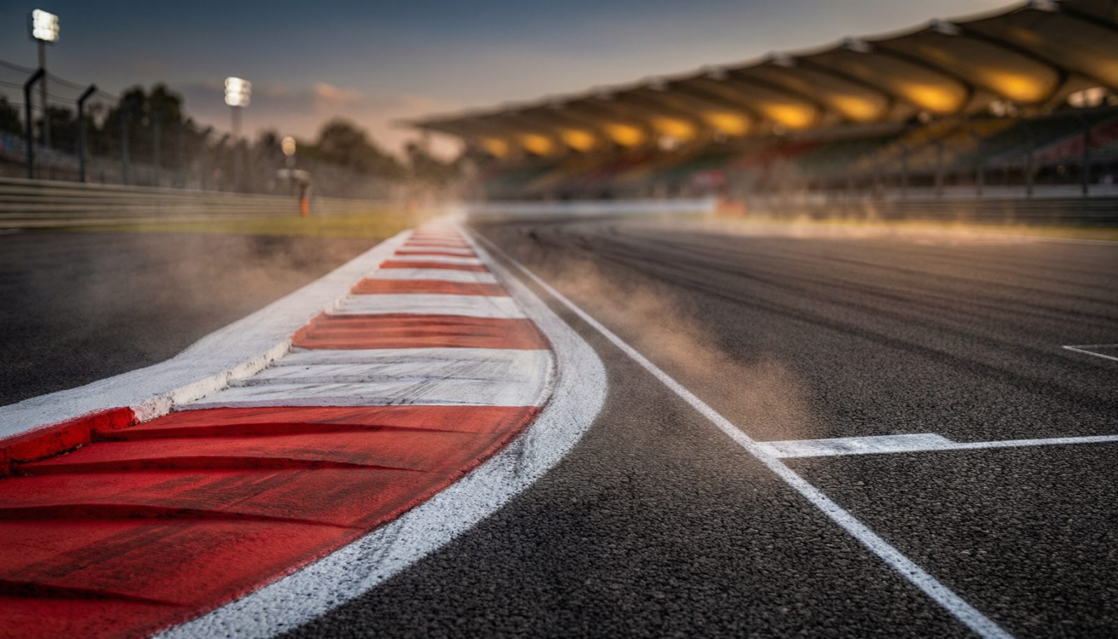 AI生成示意图:黄昏时分的赛道弯角与红白路肩,远处是模糊的看台灯光